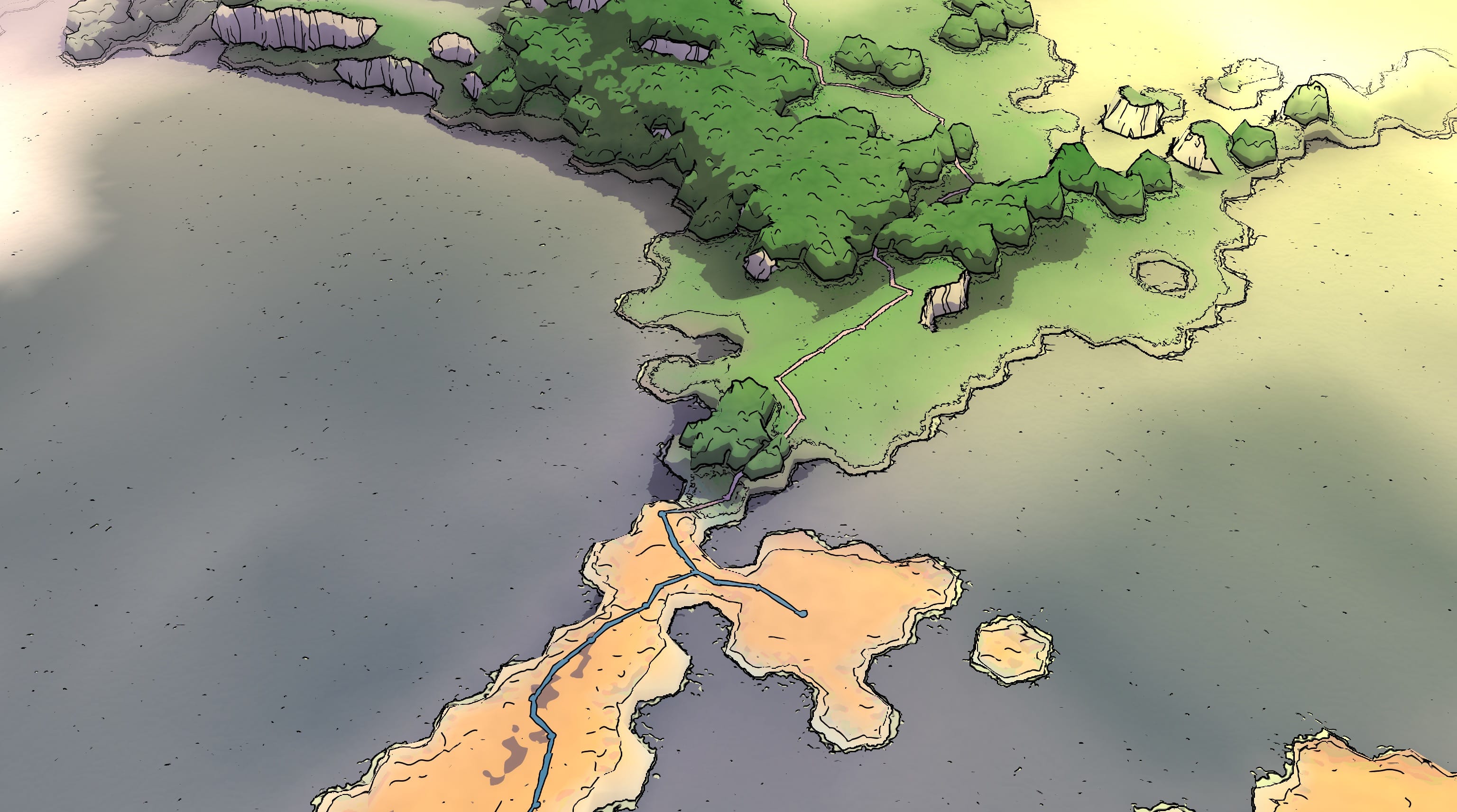 A desert biome and a temperate forest biome meet at a narrow landbridge crossing coastal waters. A road goes through the landbridge, changes colours at the biome threshold, and goes onward to cut into the forest.