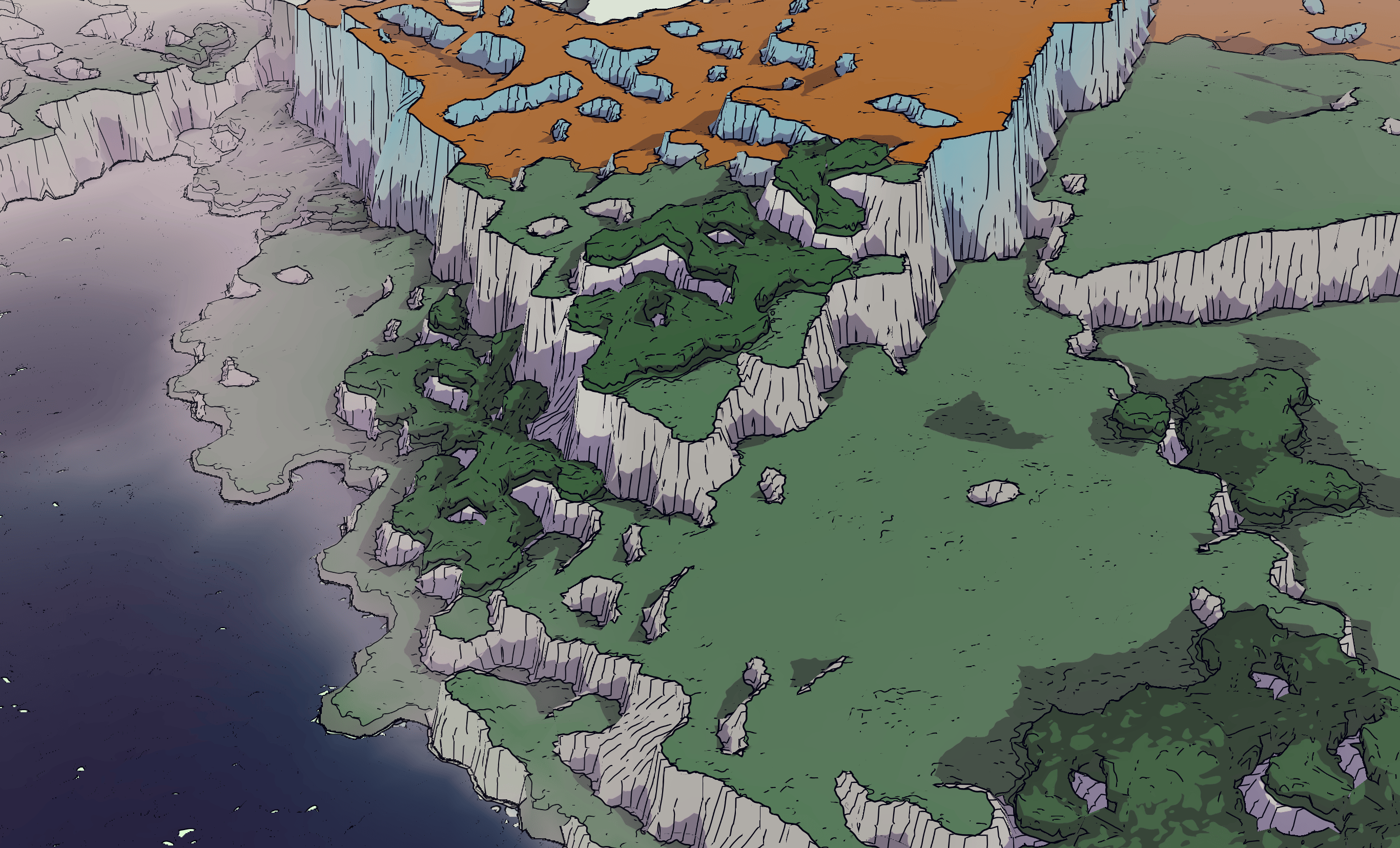 Tundra and taiga plateaus meet next to a coastline, each with a sort of wedge shape poking into the meeting point, outlined with sheer cliffs. Some patches of woods pepper the area. Under the plateaus the coastline leads to an impasse, filled with deepening fog.