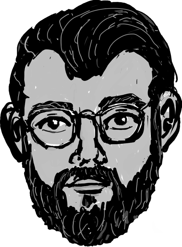 Joni Korpi, stylised portrait avatar: male, light skin, dark beard and hair, glasses